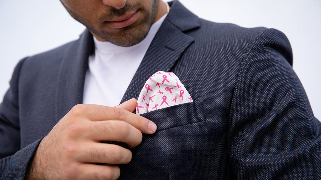 RARE CUT's Breast Cancer Awareness Pocket Square Modeled in a Sports Jacket