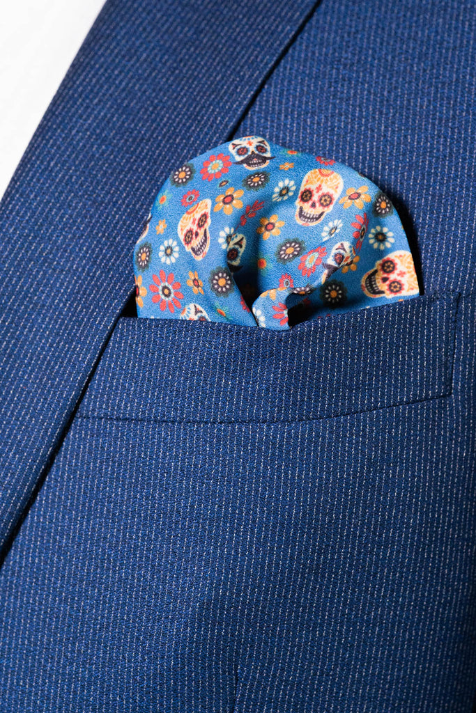 RARE CUT's Sugar Skulls 2.0 Pocket Square Worn in a Suit Jacket