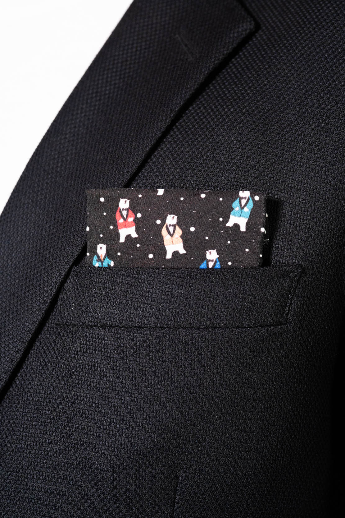 RARE CUT's BEAR CUT Pocket Square Worn in a Suit Jacket
