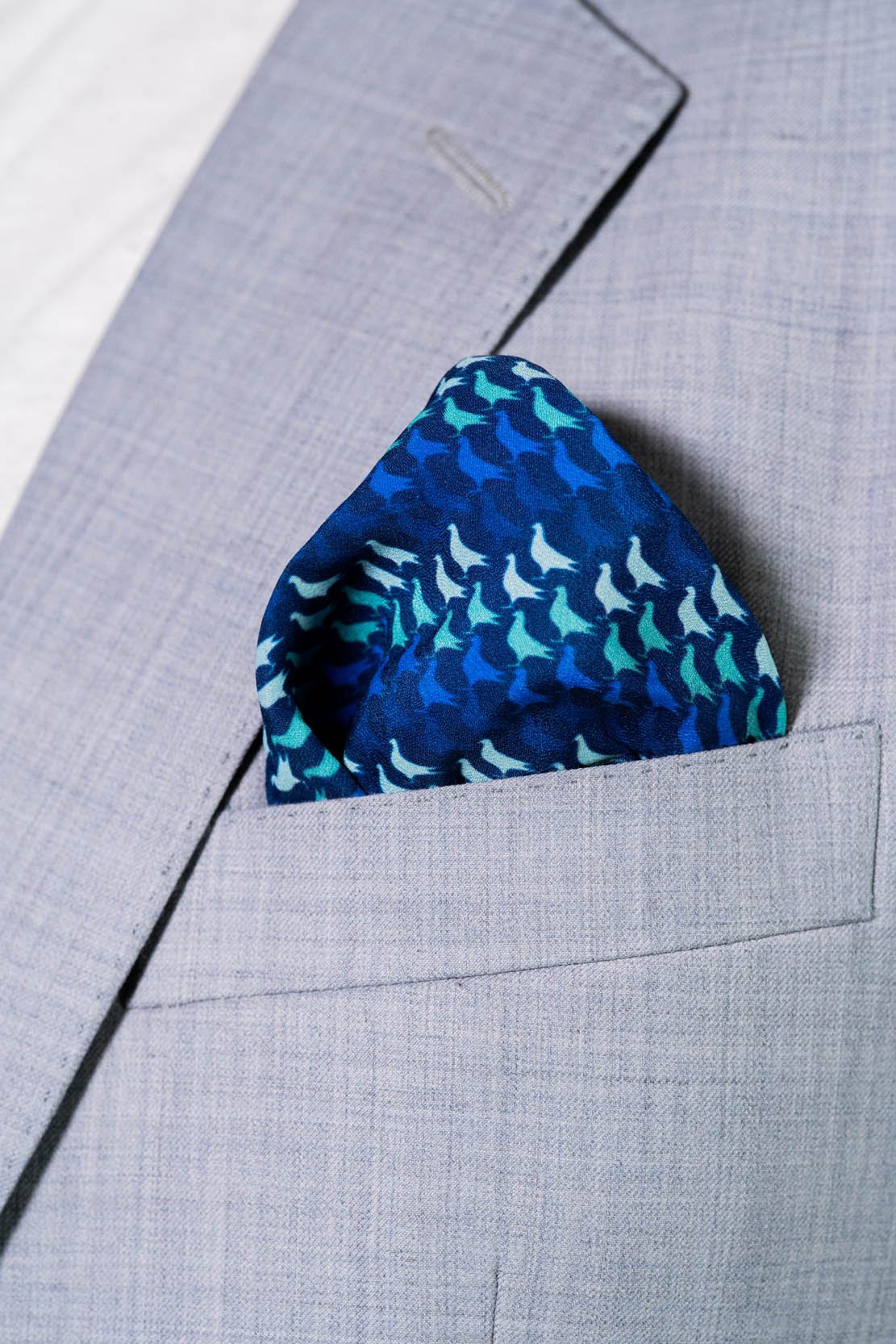 RARE CUT's Gotham City Pigeons 1.0 Pocket Square Worn in a Suit Jacket