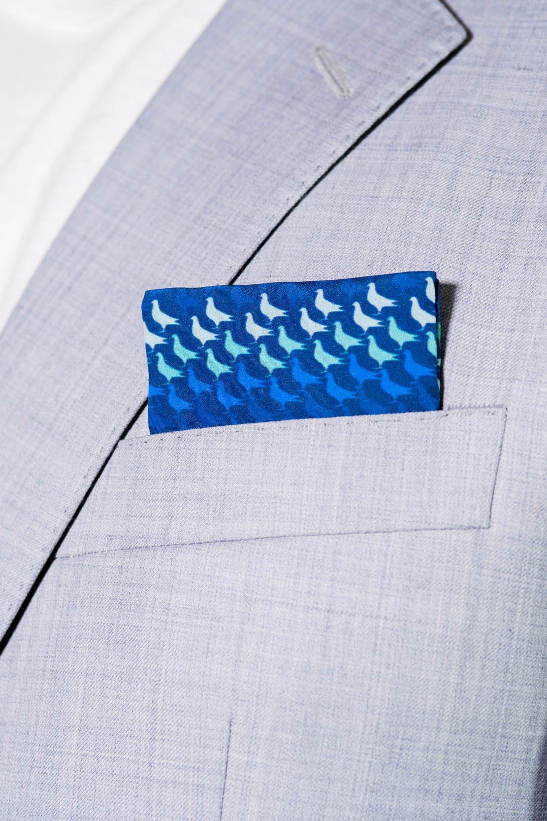 RARE CUT's Gotham City Pigeons 1.0 Pocket Square Worn in a Suit Jacket