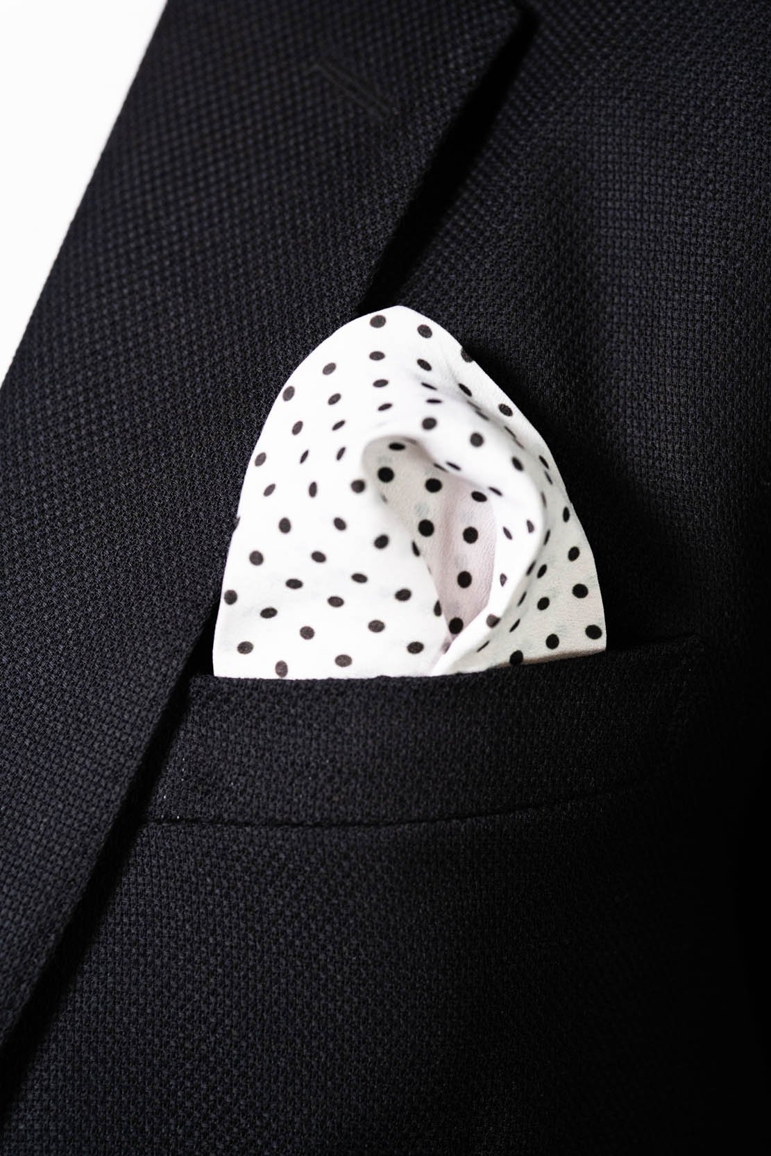 RARE CUT's Jet White Dots Pocket Square Worn in a Suit Jacket