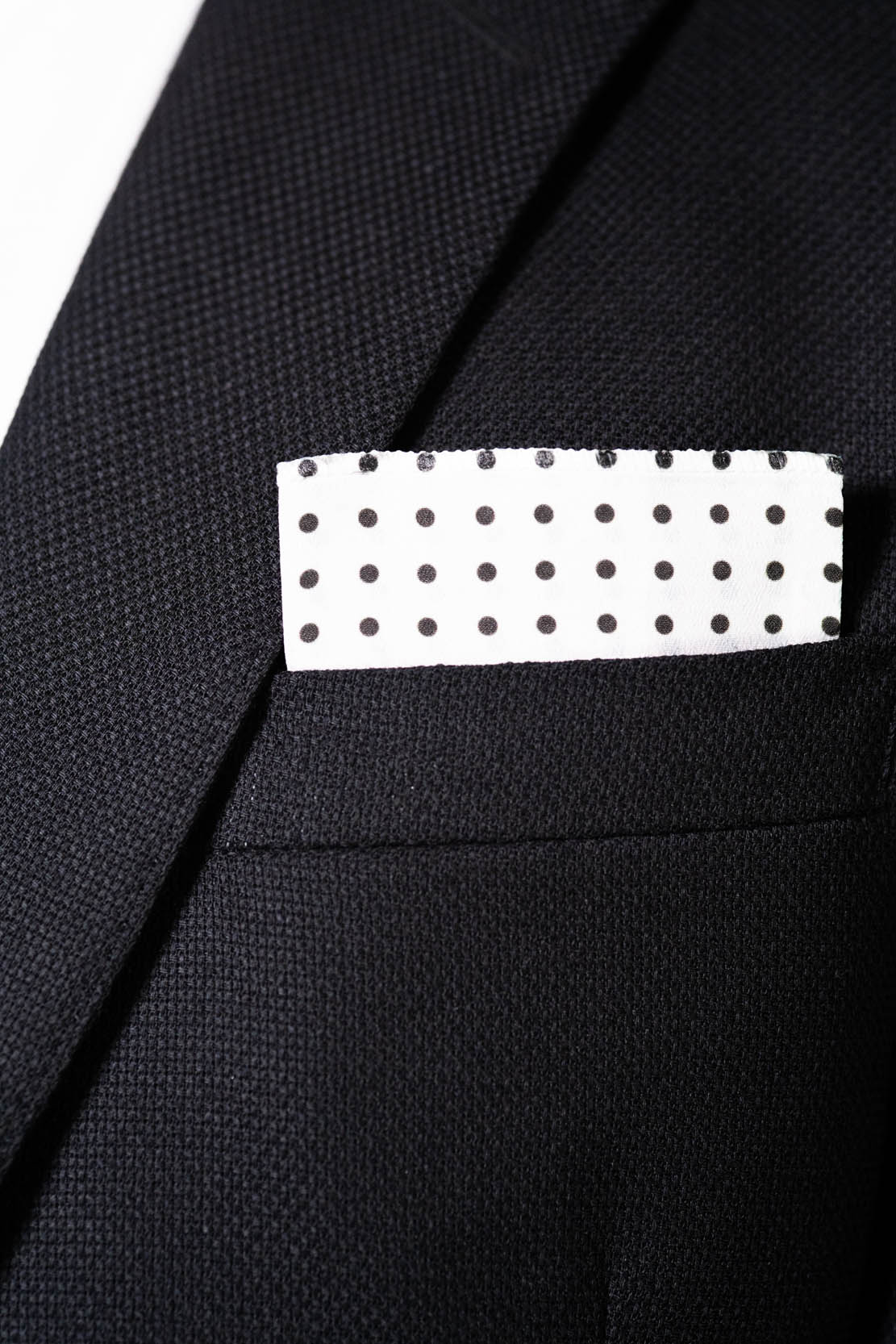 RARE CUT's Jet White Dots Pocket Square Worn in a Suit Jacket