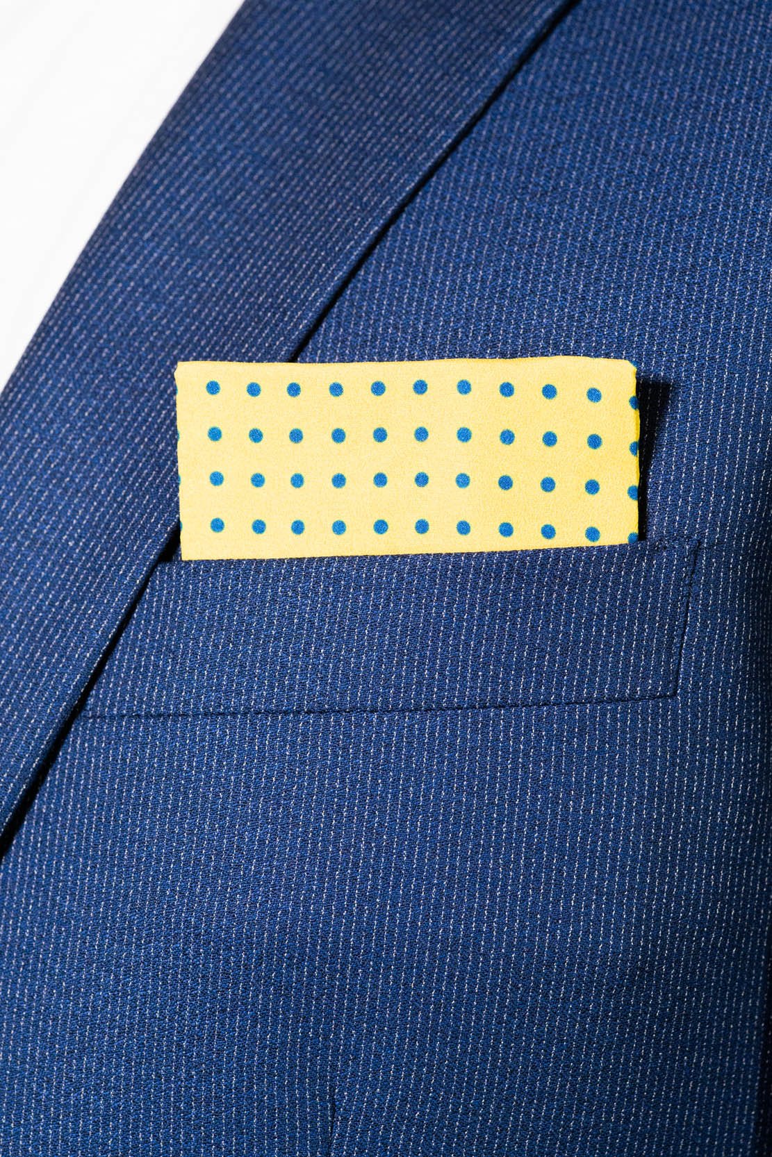 RARE CUT's Mustard Dots Pocket Square Worn in a Suit Jacket