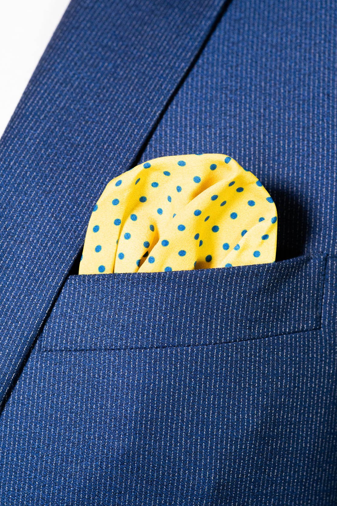 RARE CUT's Mustard Dots Pocket Square Worn in a Suit Jacket