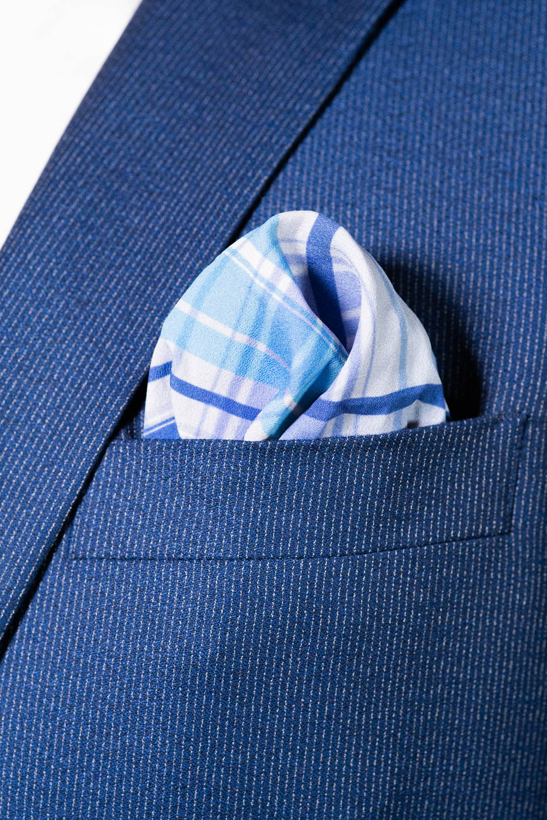 RARE CUT's Mykonos Blue Pocket Square Worn in a Suit