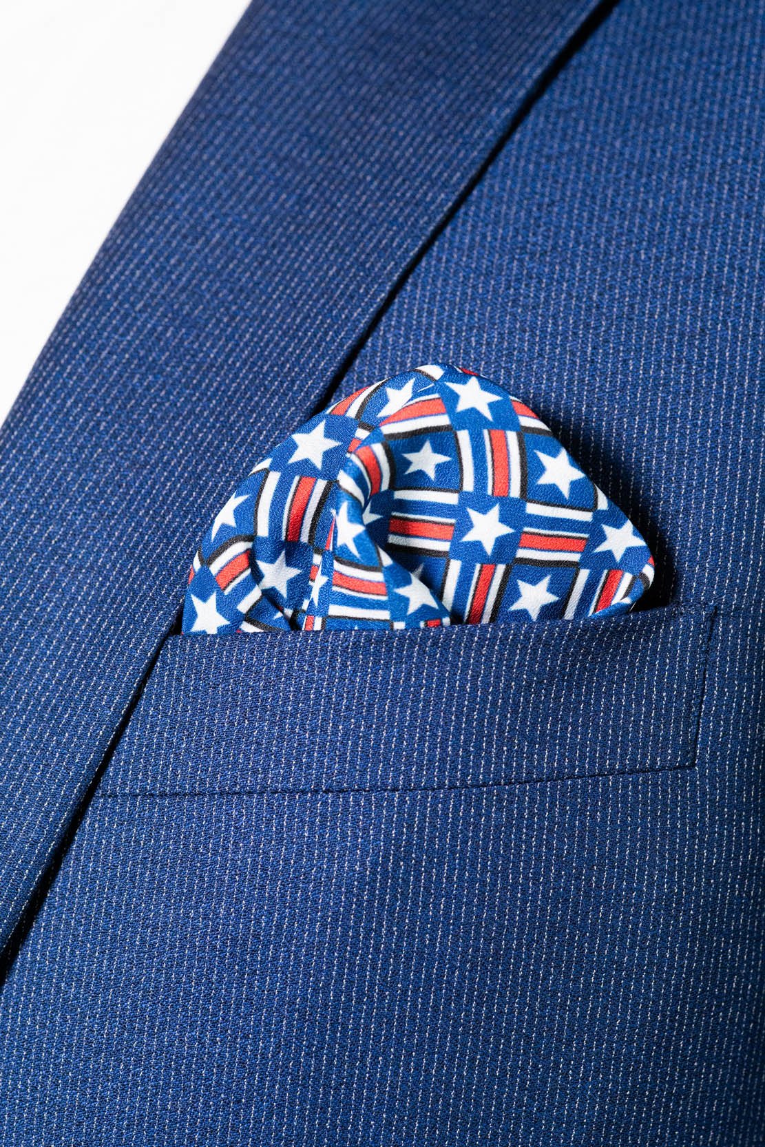RARE CUT's Old Glory Pocket Square Worn in a Suit Jacket