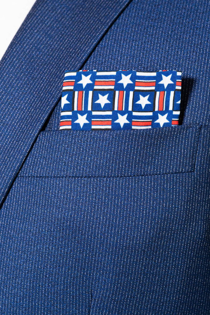 RARE CUT's Old Glory Pocket Square Worn in a Suit Jacket
