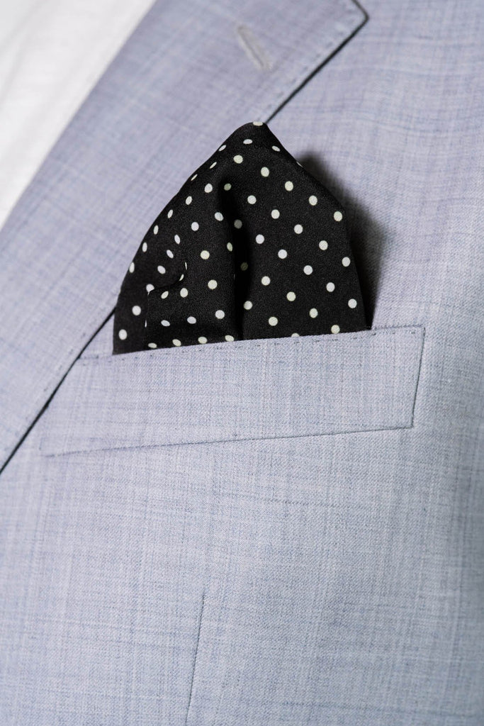 RARE CUT's Onyx Dots Pocket Square Worn in a Suit Jacket