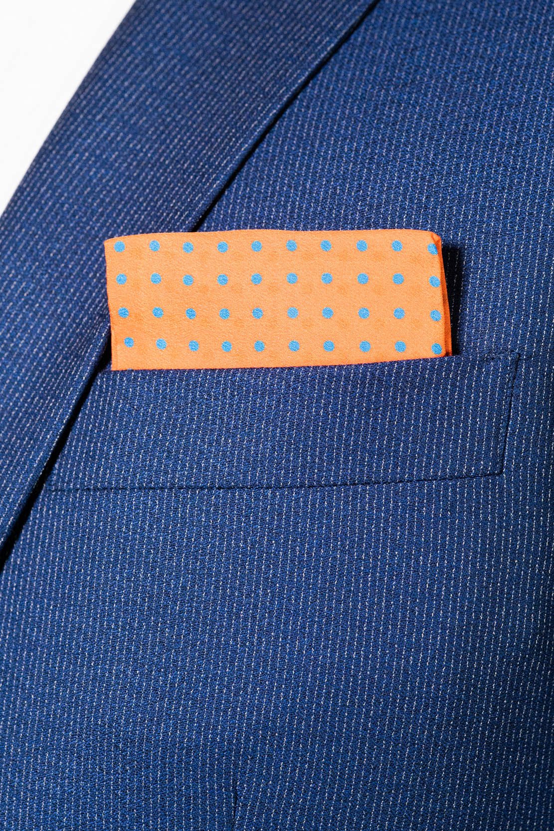 RARE CUT's Pumpkin Spice Dots Pocket Square Worn in a Suit Jacket