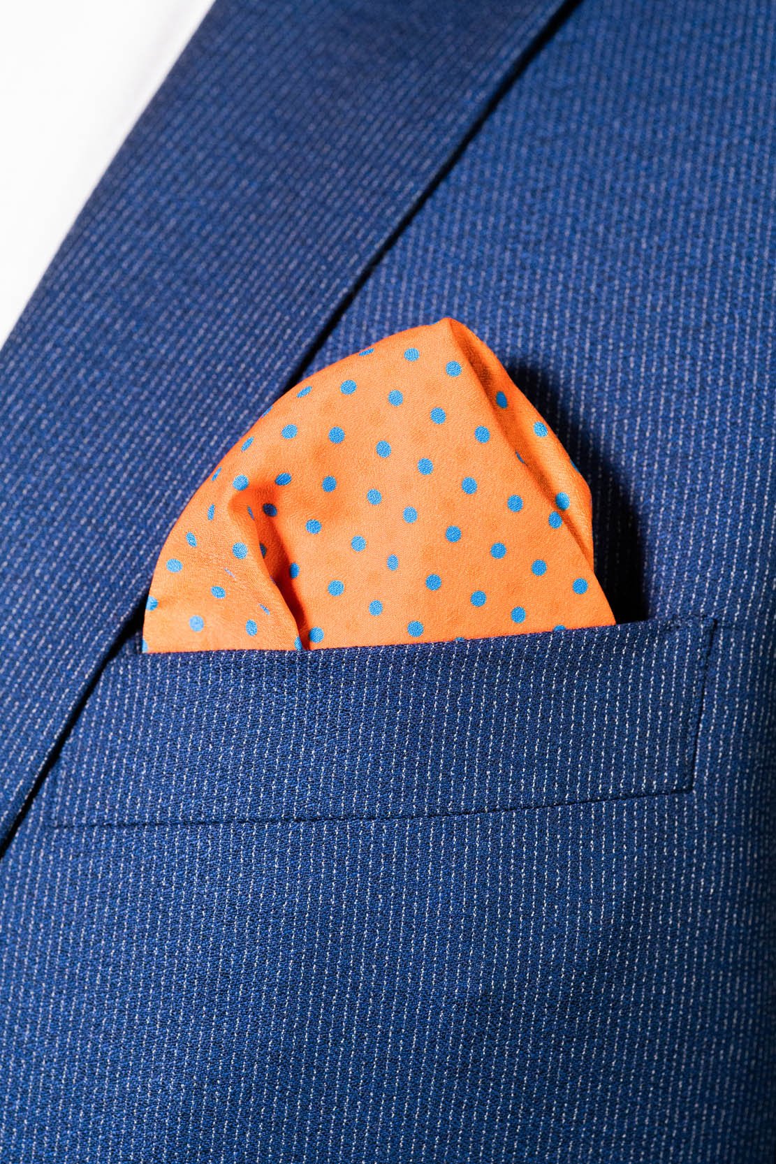 RARE CUT's Pumpkin Spice Dots Pocket Square Worn in a Suit Jacket