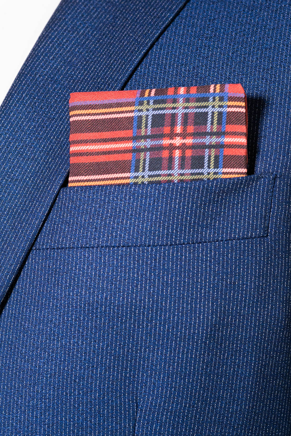 RARE CUT's Red Zone Pocket Square Worn in a Suit Jacket