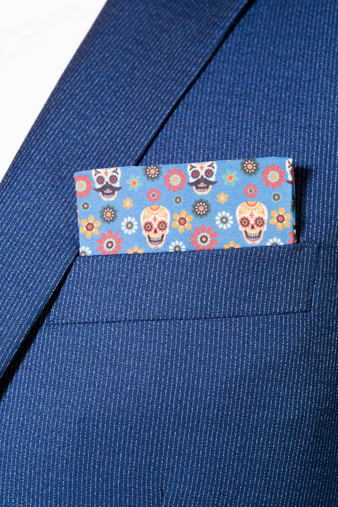 RARE CUT's Sugar Skulls 2.0 Pocket Square Worn in a Suit Jacket