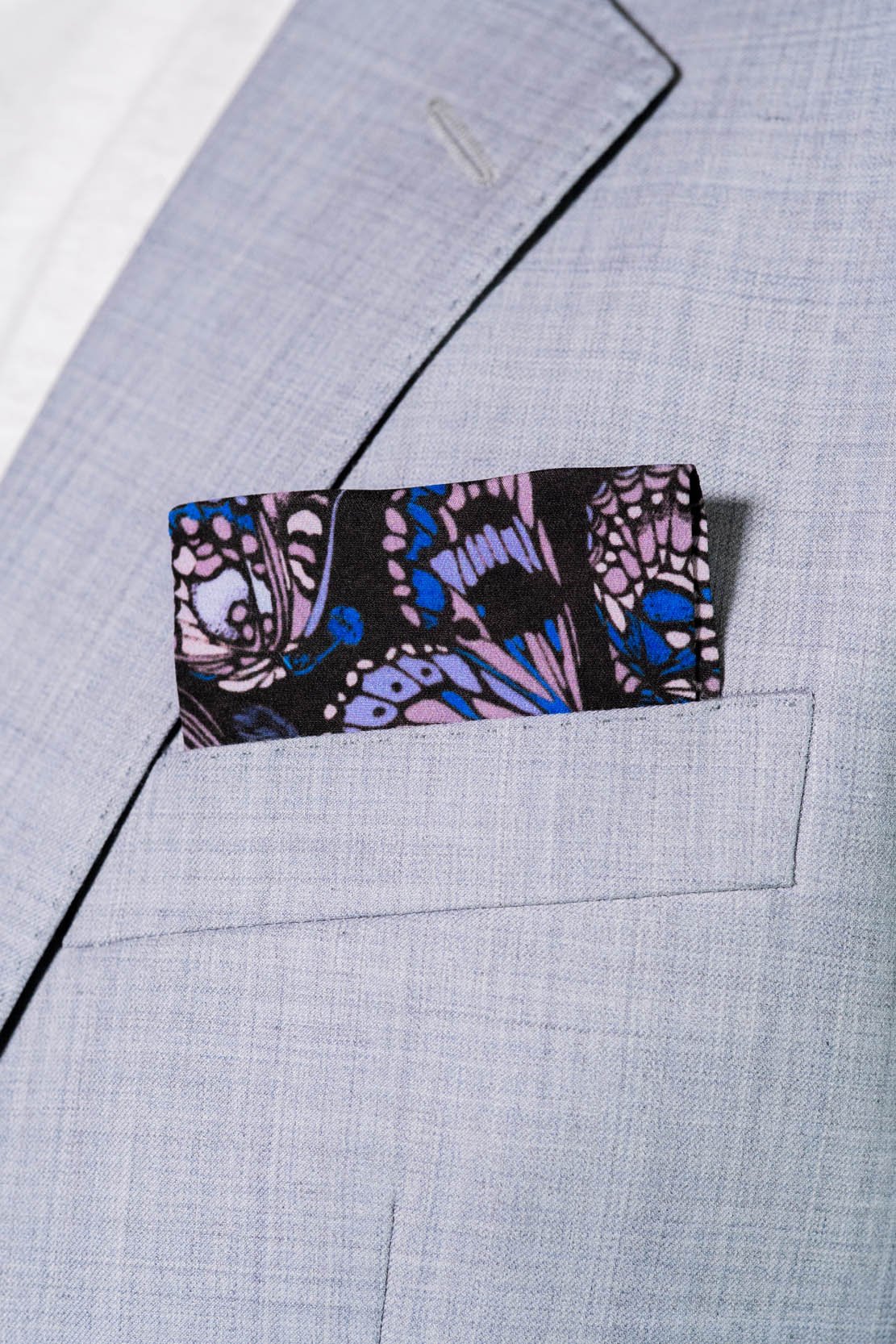 RARE CUT's The Butterfly Effect Pocket Square Worn in a Suit Jacket